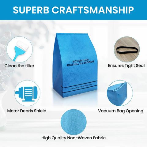 20 Pack Universal Wet Dry Vacuum Filter Bags For 2.5 To 5 Gallon Vacs, blue bag with debris shield, fabric detail, and accessories.