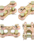 8 Pack 3/8 Double Clevis Link Heavy Duty Zinc Plated Alloy Steel Chain Repair Hardware Rock Solid Twin Clevis Connector in various angles.