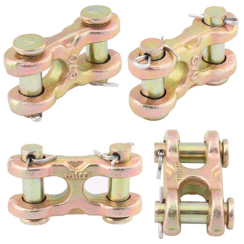 8 Pack 3/8 Double Clevis Link Heavy Duty Zinc Plated Alloy Steel Chain Repair Hardware Rock Solid Twin Clevis Connector in various angles.