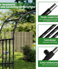Close-up of Ultra Wide Garden Arch Trellis showing black metal tubes with twist design and screw reinforcement for climbing vines.