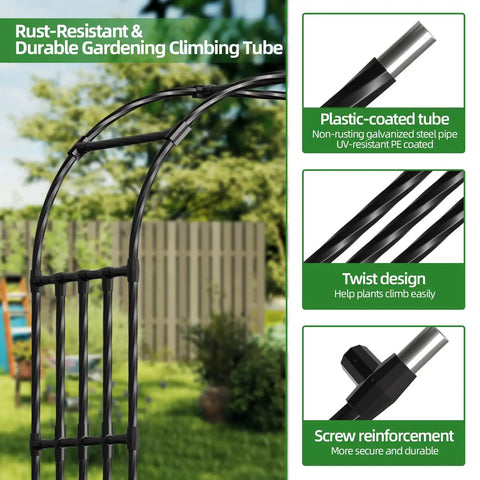 Close-up of Ultra Wide Garden Arch Trellis showing black metal tubes with twist design and screw reinforcement for climbing vines.