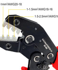 Close-up of Ratcheting Wire Crimping Tool With Open Barrel Terminal Connectors For 20 To 14 AWG, details on crimp sizes.