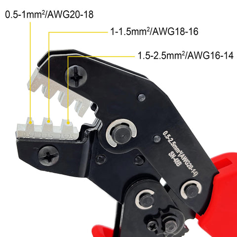Close-up of Ratcheting Wire Crimping Tool With Open Barrel Terminal Connectors For 20 To 14 AWG, details on crimp sizes.