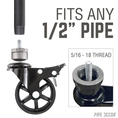 Zero Hassle Screws On Swivel Caster Wheels For Half Inch Pipe With Grippy Lock Brake and rugged build to get your DIY bar cart or workbench rolling smooth.