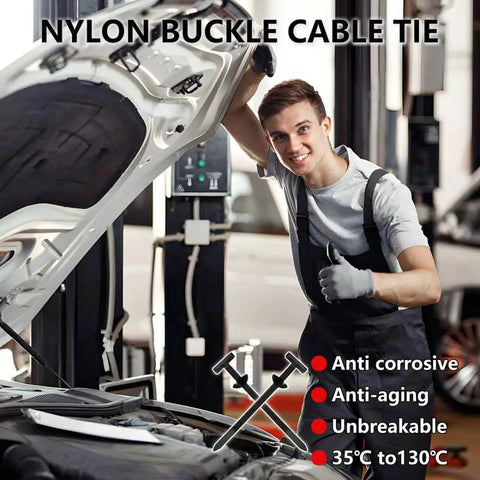 Heavy Hitter 200 Pack Nylon Universal Cable Ties For Car Care And No Sweat Wire Management Slick Self Locking Auto Fasteners For Quick Fender Securing And Reliable Shop Fixes Anywhere shown on a mechanic working under a car hood.