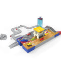 Collapsible Racetrack Playset With 6 Mini Cars, 84-Piece Track Kit showing race track, cars, and auto shop for kids ages 3 and up.