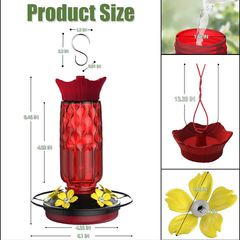 Hanging Hummingbird Feeder With Five Flower Shaped Feeding Ports 16 Oz Bird Feeder Bee Proof Design Built In Ant Moat Outdoor Garden Decor Gift For Women And Moms showing product size
