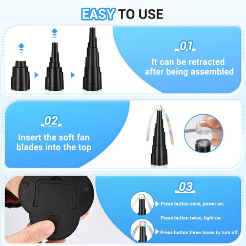 Tabletop Fly Fan Set Keeps Flies At Bay From Your Meals with Rechargeable Bug Fans assembly and usage instructions in blue text