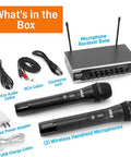 Portable UHF Wireless Microphone System With Battery Power, Dual Handheld Mics, Receiver Base, Aux And RCA Outputs For PA Karaoke DJ Parties