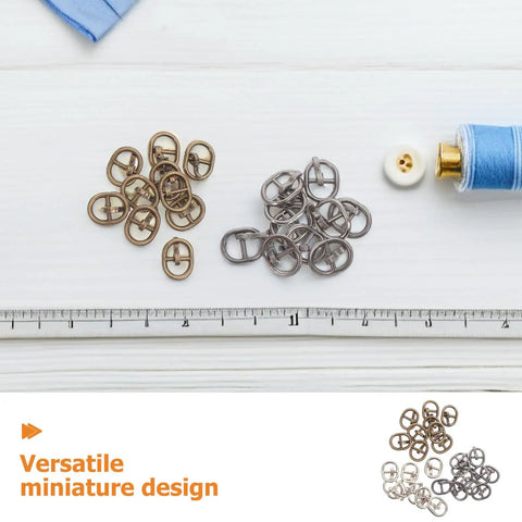 150 Pcs Mini Buckles Alloy Tiny Sewing Fasteners With Single Prong Quick Release displayed on white background with ruler