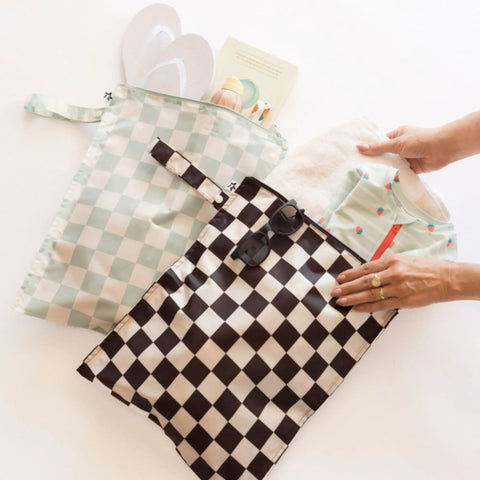 Mess-Proof Wet Bag Set 2-Pack Reusable Waterproof Bags for Swimsuits and Baby Clothes, black with green checkers, 12.5 x 16 inches