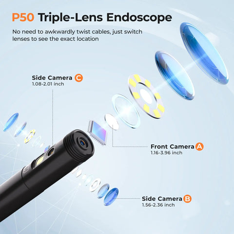 Exploded view of lenses in Triple Lens Endoscope Camera With Light A Cool Gift For Dads And Husbands 1080P Borescope