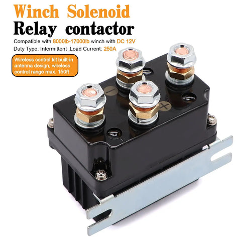 Beefy 12V 250A Winch Solenoid Relay Contactor With 2 Pieces Wireless Remote Controller Kit And 4 Pieces Pre Wires For 2000 To 5000 Lbs ATV UTV Truck Winches DPDT 2NO 2NC Intermittent Duty Weatherproof 150 Ft Range, black relay contactor with four terminals