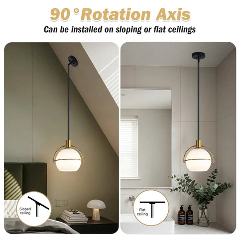 Yuniexuber 2 Pack Modern Mid Century Globe Pendant Lights, showing installation on sloped and flat ceilings.