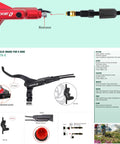 HB876-E hydraulic disc brake set for e-bike; front red lever with hose and separate black lever with rotor.
