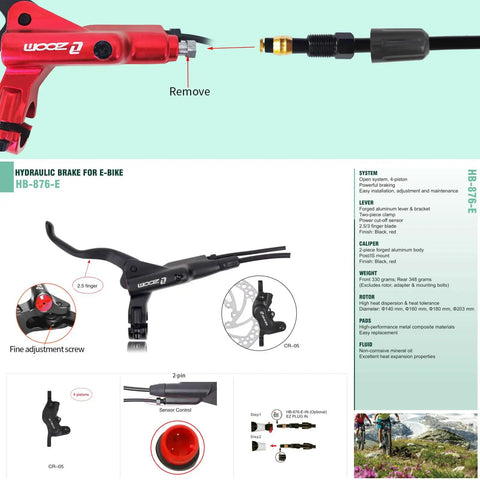 Four Piston Hydraulic Disc Brake Set For EBikes And Mountain Fat And Road Bikes With 180Mm Rotors shown with red aluminum lever