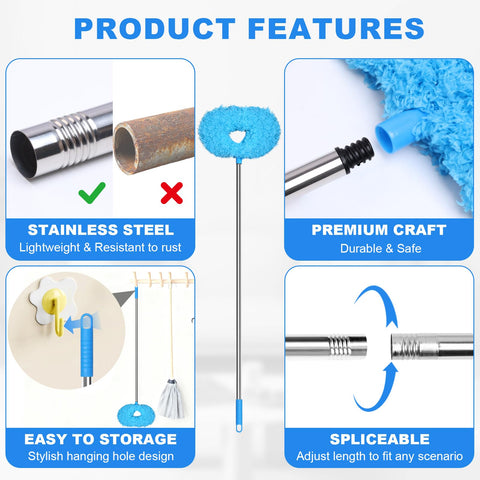 Ceiling Fan Cleaner Duster With Adjustable Extension Pole And Interchangeable Head For Cleaning Fan Blades, Blue features