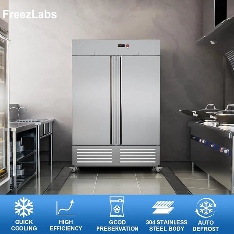 Heavy Duty Two Door Upright Commercial Freezer In Stainless Steel featuring adjustable shelves in a professional kitchen.