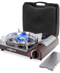 14,000 BTU Portable Butane Camping Stove with One Touch Piezo Ignition, brass burner, magnetic safety lock, and carry case
