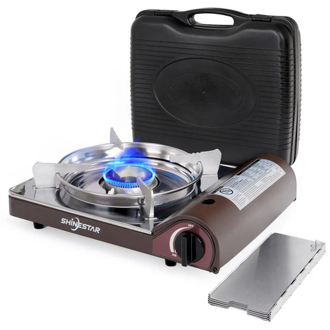14,000 BTU Portable Butane Camping Stove with One Touch Piezo Ignition, brass burner, magnetic safety lock, and carry case