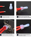 Closed-end nylon crimp terminal with two red wires, front view
Closed-end nylon crimp connector; side view with stripped wires inserted
Closed-end nylon crimp terminal being crimped with pliers
Closed-end nylon crimp terminal with connected wires installed