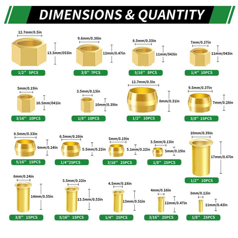 Brass Compression Sleeve Ferrule Kit 280Pcs Six Sizes 1/2 To 1/8 Inch Assortment With Nuts And Fittings Dimensions Chart