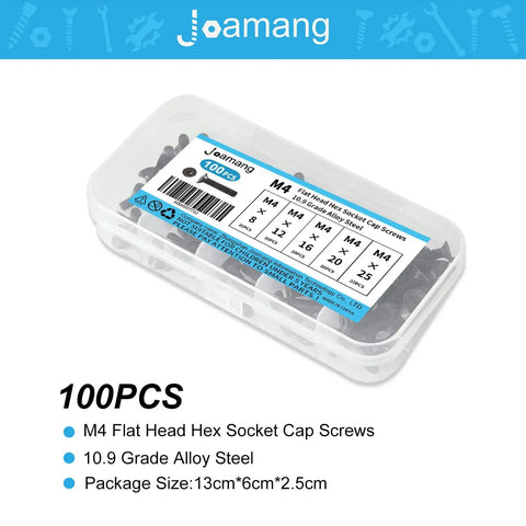 M4 Flat Head Hex Socket Cap Screws Set Includes 8Mm 12Mm 16Mm 20Mm 25Mm Lengths, Built Tough 100Pcs in plastic case