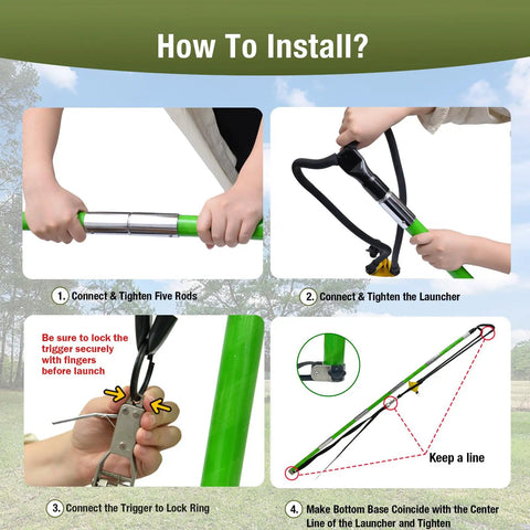 Installation steps for Arborist Slingshot Throw Line Rope Launcher With Trigger For Adults, showing assembly and trigger lock.