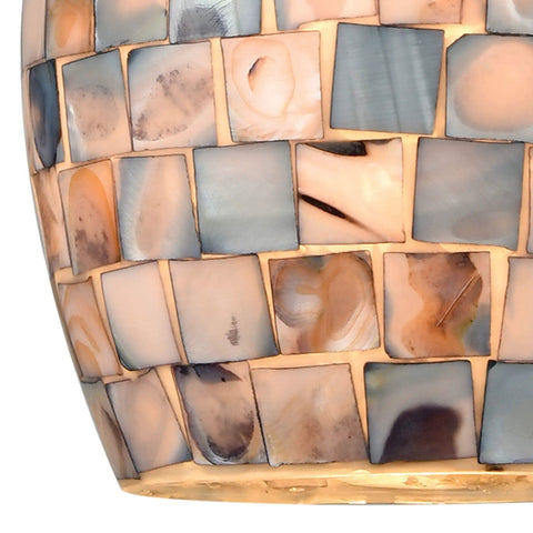Close-up of gray capiz shell mosaic on Capri Mini Pendant Light With Satin Nickel Finish And Gray Capiz Shell In Transitional Style Ceiling Fixture For Living Room Or Bedroom One Light Uses 60 Watt A19 Bulb Not Included Hardwired.