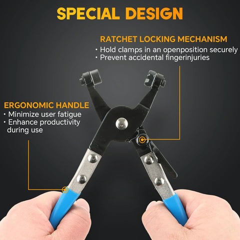 Weyleity 9-piece long-reach hose clamp pliers set, front view with blue-handled pliers and locking jaws.