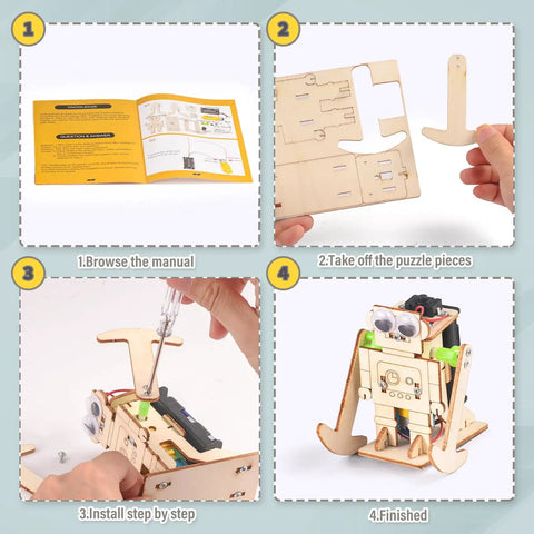 Step-by-step assembly of Five In One Hands On STEM Robot Kit For Kids Aged 8 To 12 With Wood Building Crafts