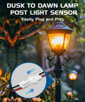 Outdoor post light with photoelectric switch for dusk-to-dawn sensor, highlighting waterproof 120V unit and easy plug-and-play installation.
