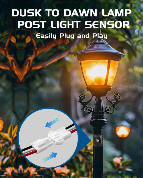 Outdoor post light with photoelectric switch for dusk-to-dawn sensor, highlighting waterproof 120V unit and easy plug-and-play installation.