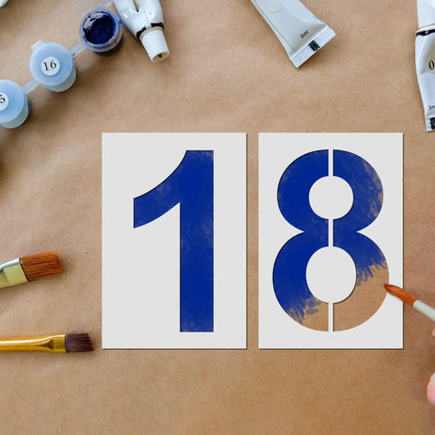 12 Inch Big Ol Number Stencils Set, Reusable Plastic Large Size Number Stencils For Cake Decorating And Address Numbers, Painting Stencils For DIY Craft Projects, showing numbers 1 and 8 with paint and brushes.
