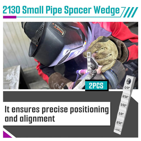 Two Pack 2130 Stepped Pipe Spacer Wedge For Welding Three Quarter Inch By Four Inch Gauge Tool Six Gap Sizes From One Sixteenth Inch To One Quarter Inch Durable Metal Spacer Wedge For Quick Pry And Measure Ideal For Precise Weld Gaps., welder using stepped pipe spacer wedge for 1/4 to 1/16 inch gap alignment