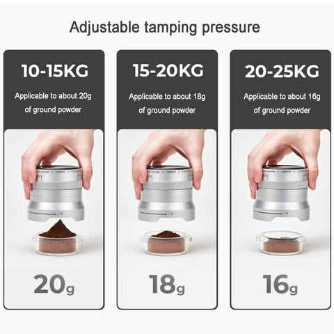Heavy Duty Electric Espresso Tamper Game Changer With 16 Adjustable Pressure Levels Auto Compresses 58mm Portafilter Locks In Your Perfect Shot Daily Black Finish showing adjustable pressure settings for tamping.