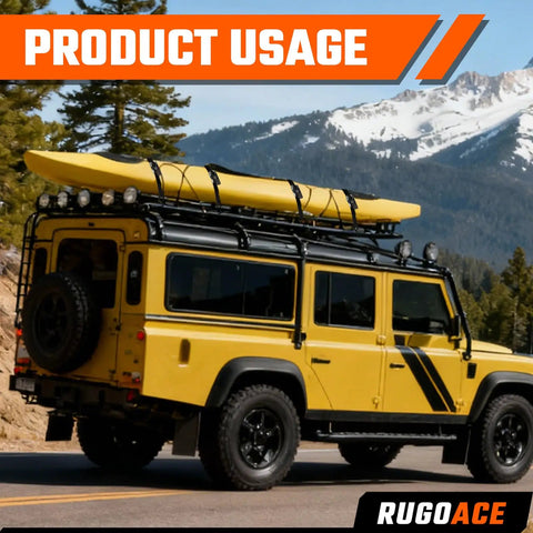 Heavy Duty Ratchet Tie Down Straps 1 Inch By 10 Feet 900 Lbs Break Strength 8 Pack Black Cargo Strap For Truck Bed Moving Gear RV Securement Savage Strength Real Deal securing kayak on yellow SUV roof.