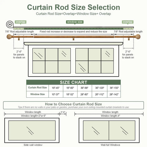 IKEA curtain rod size selection chart showing dimensions for imitation wood grain leaf pattern curtain rods set 1 inch diameter adjustable