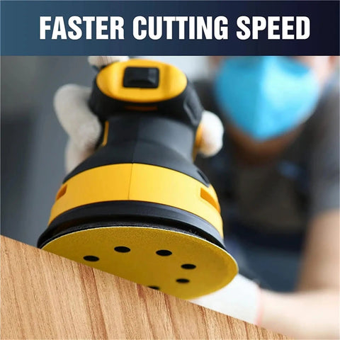 Heavy Duty 5 Inch Yellow Sanding Discs With Hook And Loop Velcro Backing Set Of 50 Pieces Premium Aluminum Oxide Abrasive Paper in use on wood