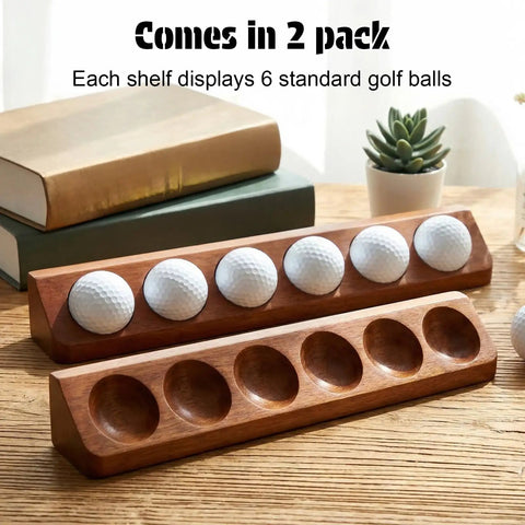 Two Pack Walnut Golf Ball Holder Display Case With Wall Mount Or Tabletop Stand For 12 Standard Balls showing 6 slots with golf balls