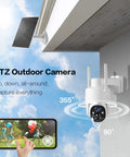 Battery Powered Wireless Outdoor Security Camera With 2K Color Night Vision mounted under eave showing pan-tilt features.