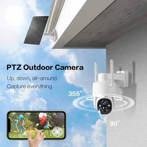 Battery Powered Wireless Outdoor Security Camera With 2K Color Night Vision mounted under eave showing pan-tilt features.