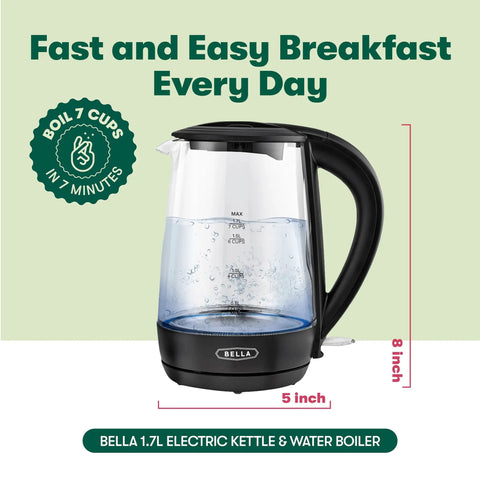 1.7 Liter Glass Electric Kettle That Boils Seven Cups In Just Six To Seven Minutes With Soft Blue LED Lights, auto shut off