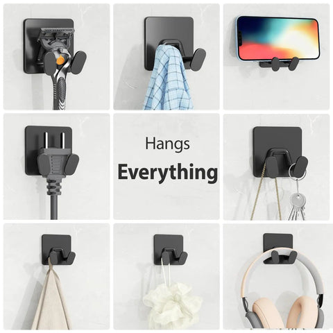 No Fuss Adhesive Shower Hooks Heavy Duty Stainless Steel Wall Mounted Double Hanger In Matte Black With Extra Sticky And Tough As Nails Grip For Razors Loofahs 4 Pack