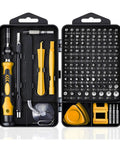 Premium 25 To 140 Piece Screwdriver Bit Kit With Torx Wrench For Phone PC Repair Includes Magnetic Bits And Auxiliary Disassembly Tools Perfect For Daily Tech Fixin' And DIY gadget hustle. open case with yellow handle and bit set