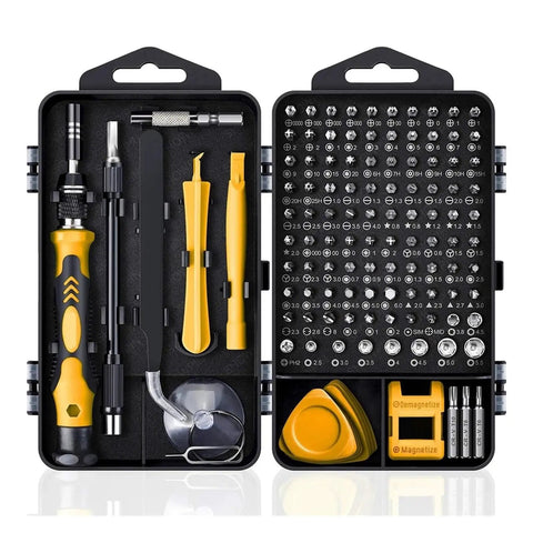 Premium 25 To 140 Piece Screwdriver Bit Kit With Torx Wrench For Phone PC Repair Includes Magnetic Bits And Auxiliary Disassembly Tools Perfect For Daily Tech Fixin' And DIY gadget hustle. open case with yellow handle and bit set