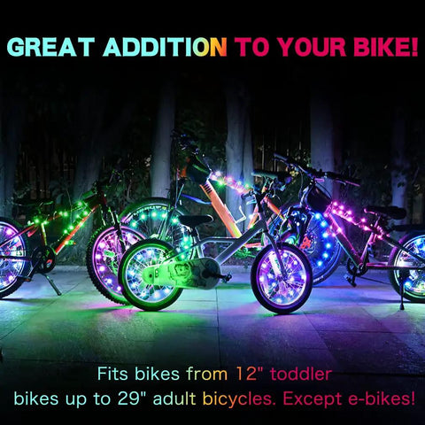 Two Wheel Pack Lit Ultra Bright LED Bike Wheel Lights Waterproof Spoke Lights For Night Riding Visible From All Angles 20 Bright LEDs Per Wheel Steady And Flash Modes Safe Decoration For Kids And Adults on multiple bikes at night.