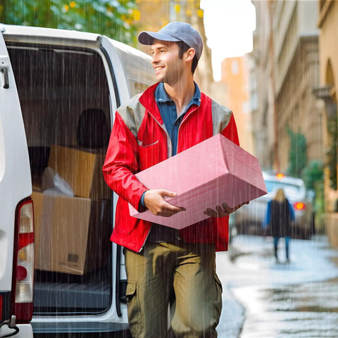 Courier in red jacket carrying box from van under rain, related to Self Seal Poly Mailer Bags, 100 Pack, Fourteen Point Five By Nineteen Inch Tearproof Shipping Envelopes In Light Pink For Clothing, Boutiques, And Small Businesses.