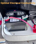 Knockout Battery Terminal Connector Kit With 2 Gauge Copper Lugs And Heat Shrink Sleeves Plus Anti Corrosion Washers For Cars Boats And Trucks Built Rugged For Straight Swap Guaranteed Juice mounted on a lead acid battery.