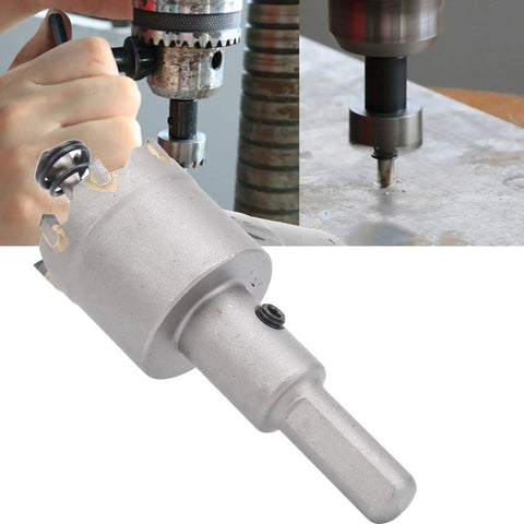 Heavy Duty Cemented Carbide Hole Saw Kit With Alloy Steel Cutter For Drilling Clean Holes In Stainless Steel Iron Plates And Thick Plastic Sheets Made For Electricians Who Need Reliable Long Lasting Performance On Tough Jobs Today. Carbide hole saw on drill, metal cutting
